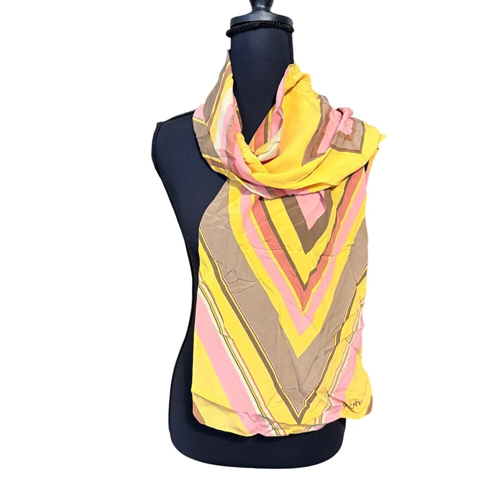DKNY yellow pink brown silk scarf chevron V diamond pattern geometric